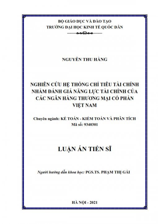 LA09.082_Nghiên cứu hệ thống chỉ tiêu tài chính nhằm đánh giá năng lực tài chính của các ngân hàng thương mại cổ phần Việt Nam