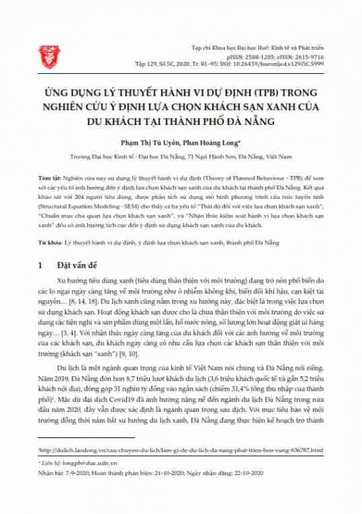 Ứng dụng lý thuyết hành vi dự định (TPB) trong nghiên cứu ý định lựa chọn khách sạn xanh của du khách tại thành phố Đà Nẵng