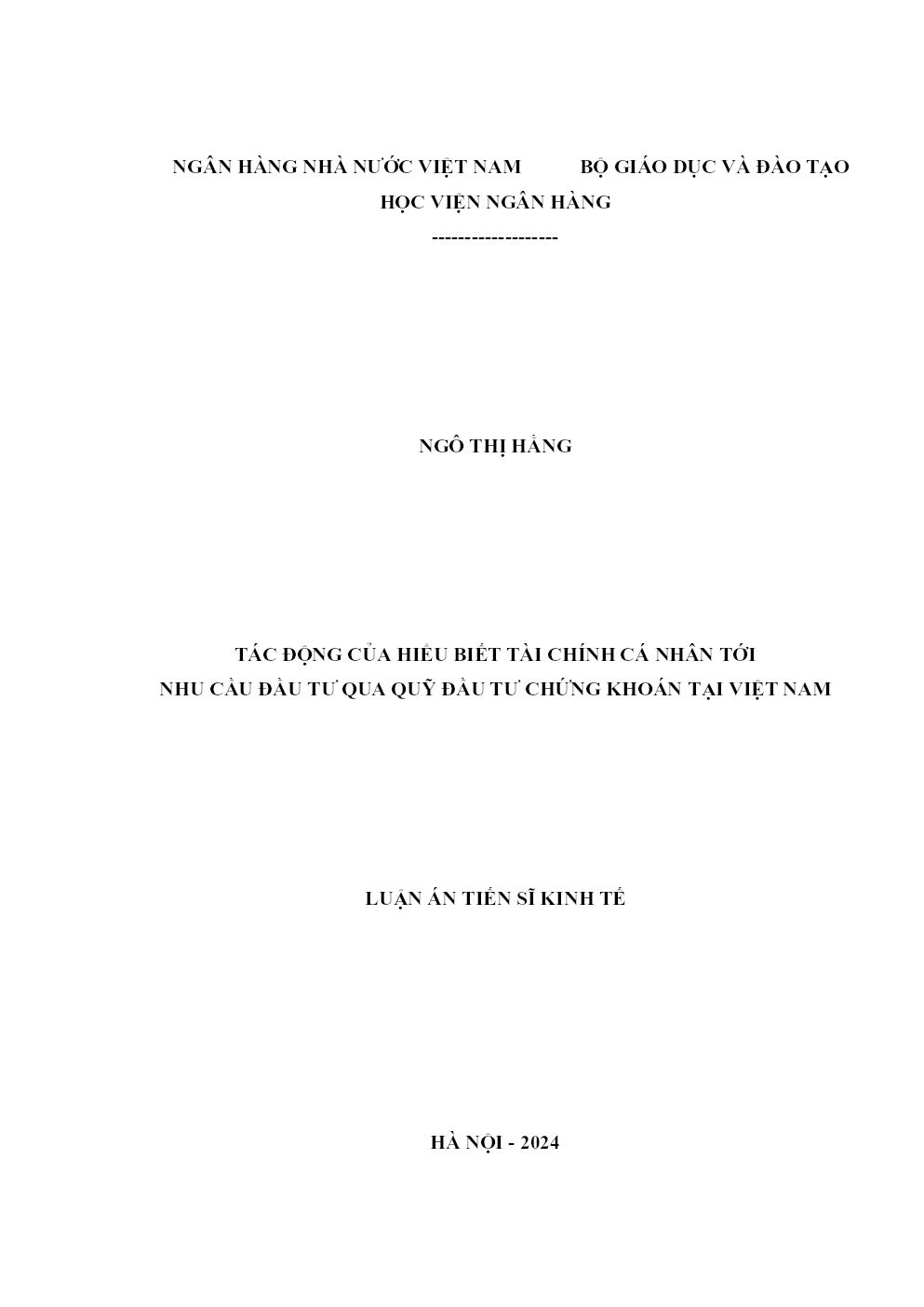 Tác Động Của Hiểu Biết Tài Chính Cá Nhân Tới Nhu Cầu Đầu Tư Qua Quỹ Đầu Tư Chứng Khoán Tại Việt Nam