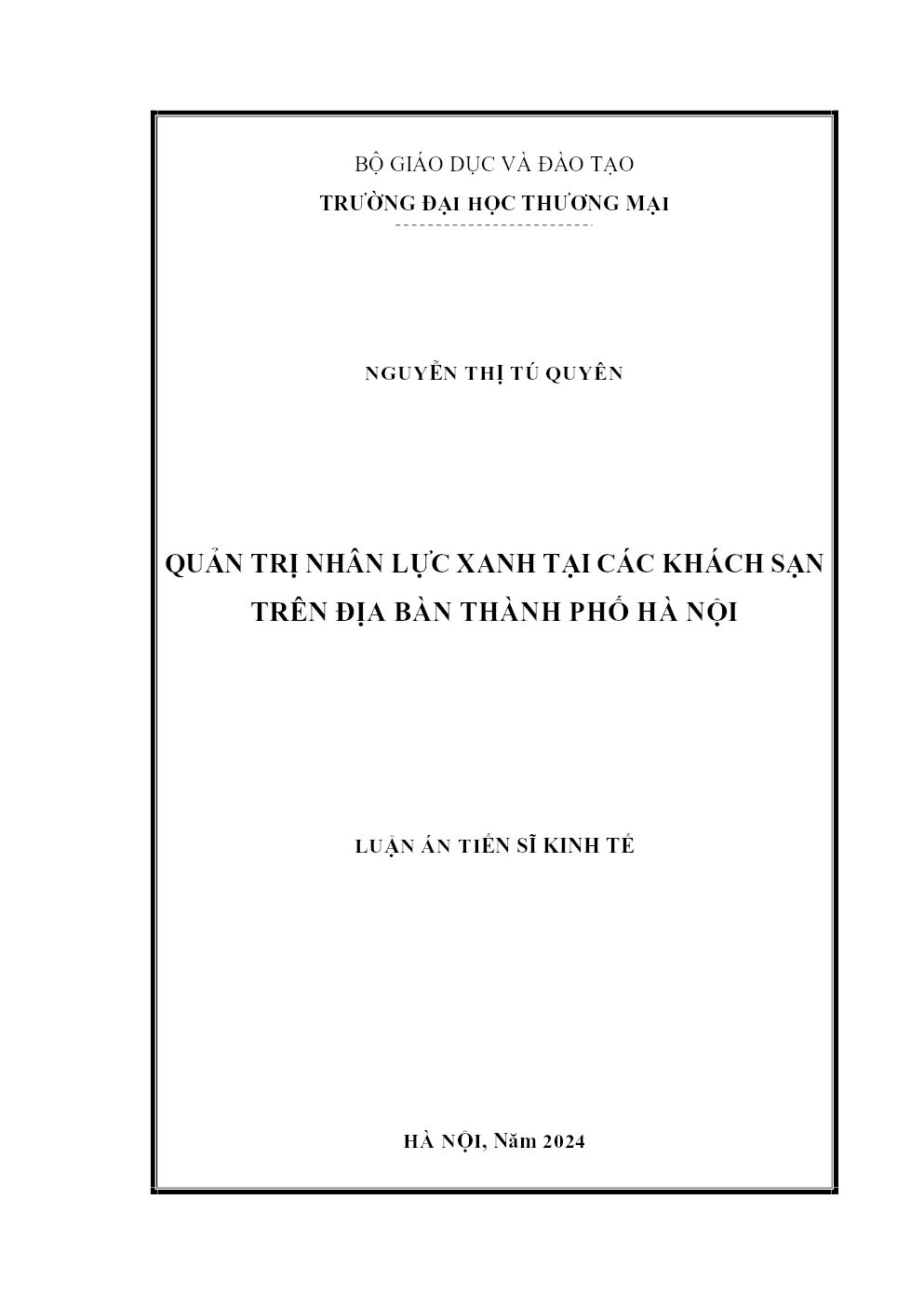 Quản Trị Nhân Lực Xanh Tại Các Khách Sạn Trên Địa Bàn Thành Phố Hà Nội