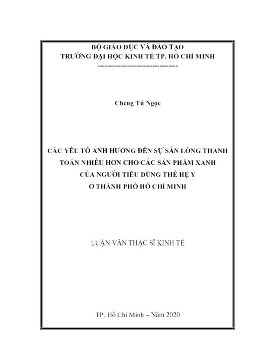 Các Yếu Tố Ảnh Hưởng Đến Sự Sẵn Lòng Thanh Toán Nhiều Hơn Cho Các Sản Phẩm Xanh Của Người Tiêu Dùng Thế Hệ Y Ở Thành Phố Hồ Chí Minh