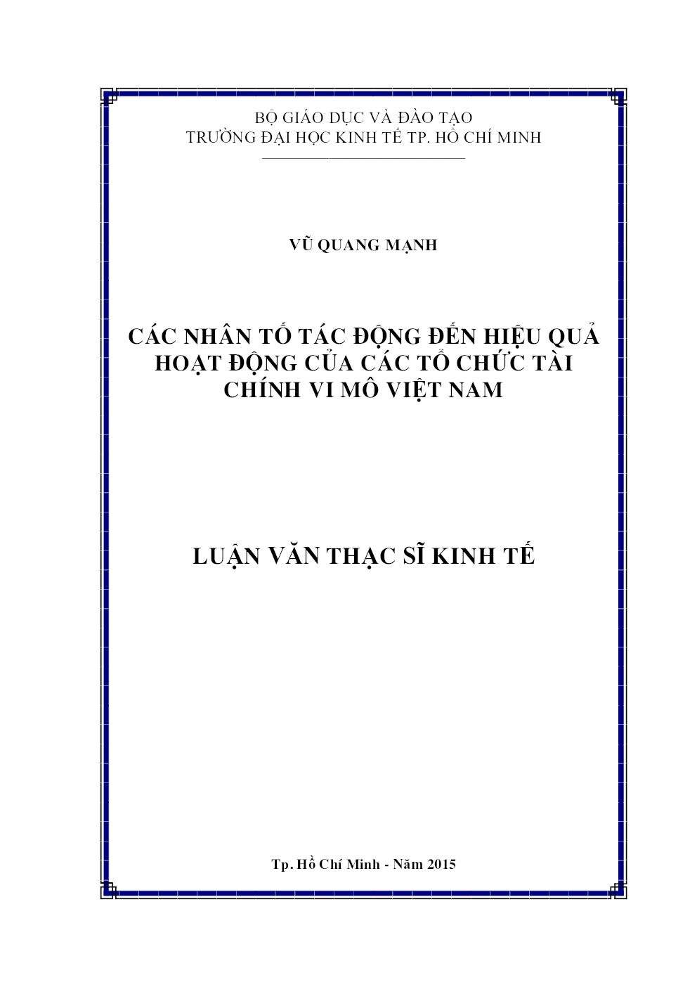 Các Nhân Tố Tác Động Đến Hiệu Quả Hoạt Động Của Các Tổ Chức Tài Chính Vi Mô Việt Nam