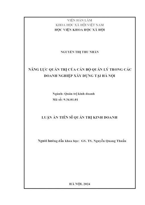 Năng Lực Quản Trị Của Cán Bộ Quản Lý Trong Các Doanh Nghiệp Xây Dựng Tại Hà Nội