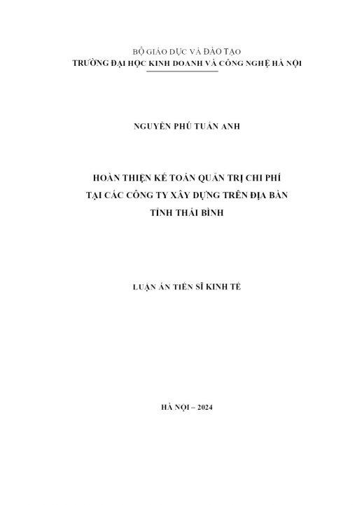 Hoàn Thiện Kế Toán Quản Trị Chi Phí Tại Các Công Ty Xây Dựng Trên Địa Bàn Tỉnh Thái Bình