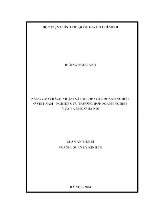 Nâng Cao Trách Nhiệm Xã Hội Cho Các Doanh Nghiệp Ở Việt Nam - Nghiên Cứu Trường Hợp Doanh Nghiệp Vừa Và Nhỏ Ở Hà Nội