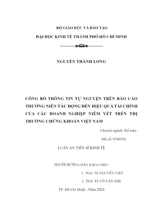 Công Bố Thông Tin Tự Nguyện Trên Báo Cáo Thường Niên Tác Động Đến Hiệu Quả Tài Chính Của Các Doanh Nghiệp Niêm Yết Trên Thị Trường Chứng Khoán Việt Nam