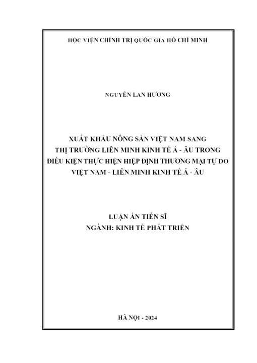 Xuất Khẩu Nông Sản Việt Nam Sang Thị Trường Liên Minh Kinh Tế Á - Âu Trong Điều Kiện Thực Hiện Hiệp Định Thương Mại Tự Do Việt Nam - Liên Minh Kinh Tế Á - Âu