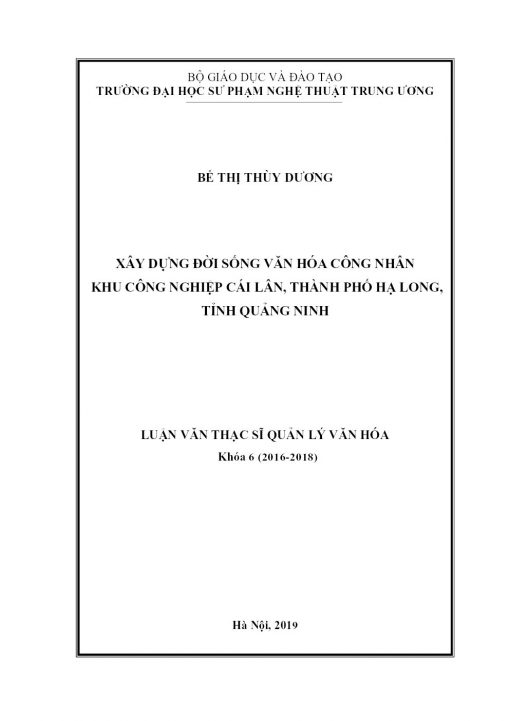 Xây Dựng Đời Sống Văn Hóa Công Nhân Khu Công Nghiệp Cái Lân, Thành Phố Hạ Long, Tỉnh Quảng Ninh