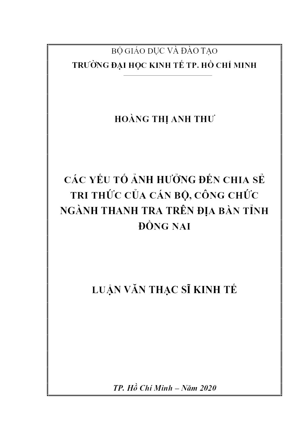 Các Yếu Tố Ảnh Hưởng Đến Chia Sẻ Tri Thức Của Cán Bộ, Công Chức Ngành Thanh Tra Trên Địa Bàn Tỉnh Đồng Nai