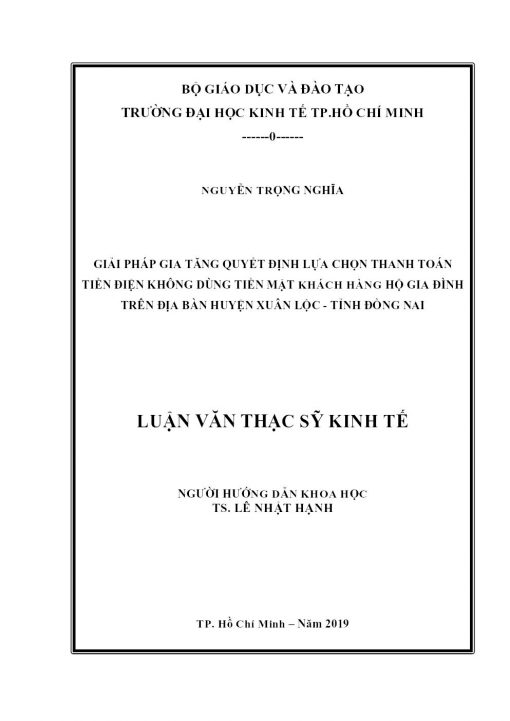 Giải Pháp Gia Tăng Quyết Định Lựa Chọn Thanh Toán Tiền Điện Không Dùng Tiền Mặt Khách Hàng Hộ Gia Đình Trên Địa Bàn Huyện Xuân Lộc - Tỉnh Đồng Nai