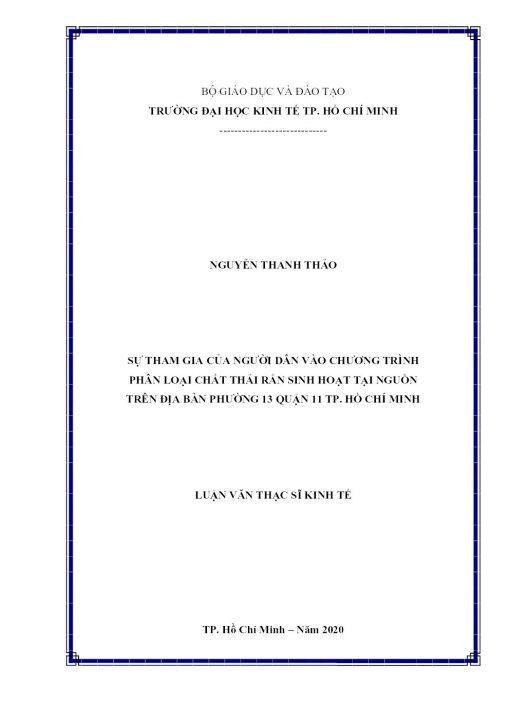 Sự Tham Gia Của Người Dân Vào Chương Trình Phân Loại Chất Thải Rắn Sinh Hoạt Tại Nguồn Trên Địa Bàn Phường 13 Quận 11, Tp. Hồ Chí Minh