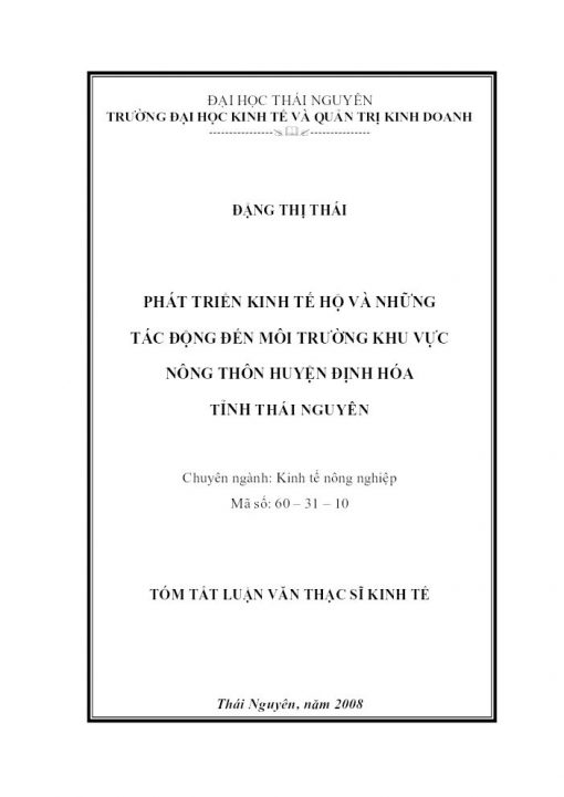 Phát triển kinh tế hộ và những tác động đến môi trường khu vực nông thôn huyện Định Hóa tỉnh Thái Nguyên