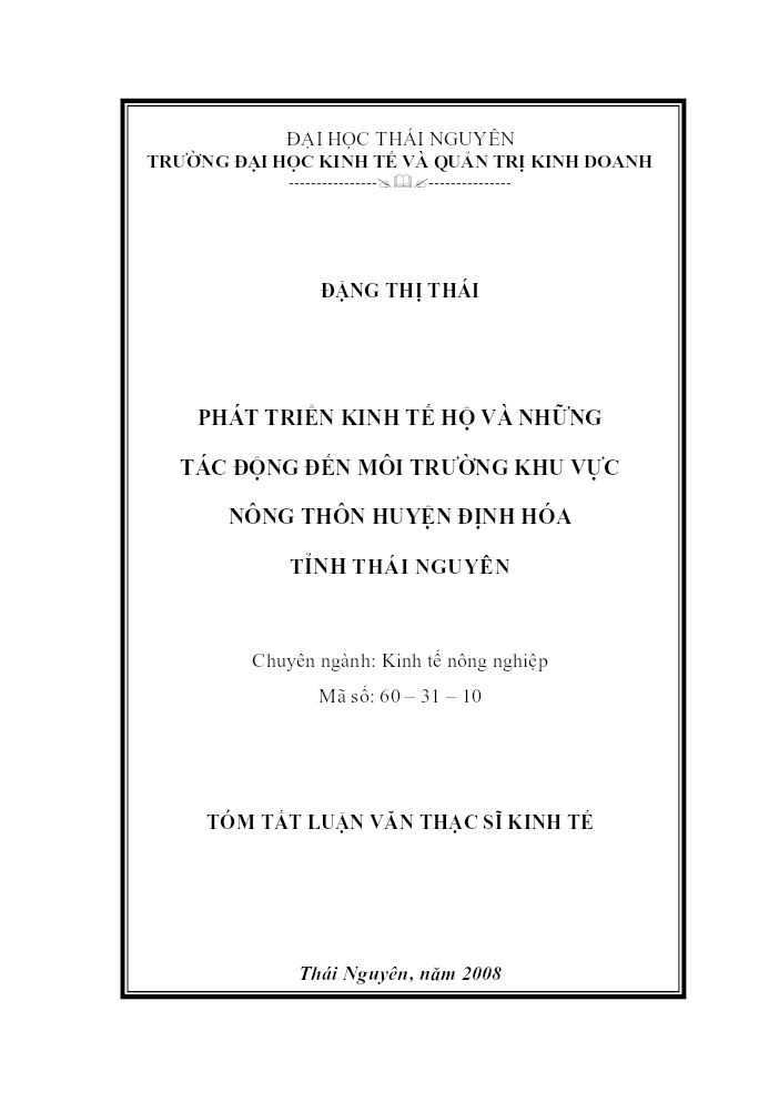 Phát triển kinh tế hộ và những tác động đến môi trường khu vực nông thôn huyện Định Hóa tỉnh Thái Nguyên