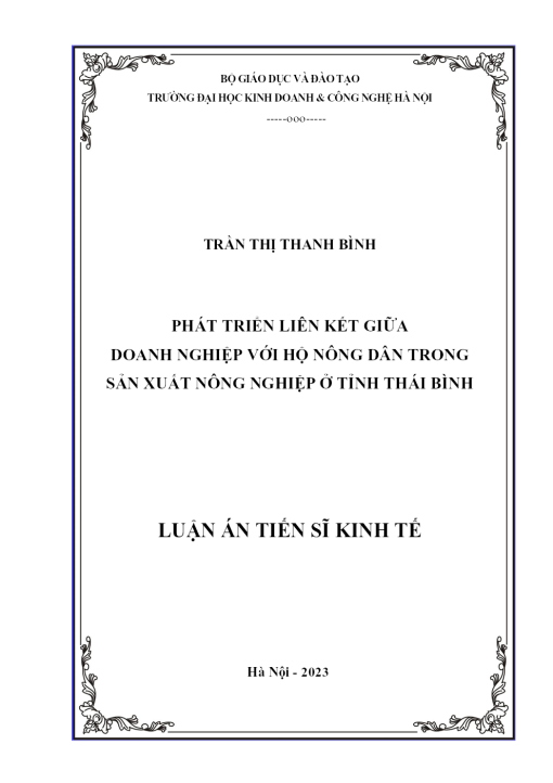 Phát Triển Liên Kết Giữa Doanh Nghiệp Với Hộ Nông Dân Trong Sản Xuất Nông Nghiệp Ở Tỉnh Thái Bình