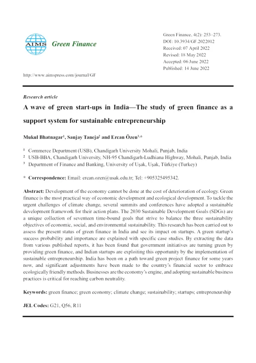 A Wave Of Green Start-Ups In India—The Study Of Green Finance As A Support System For Sustainable Entrepreneurship