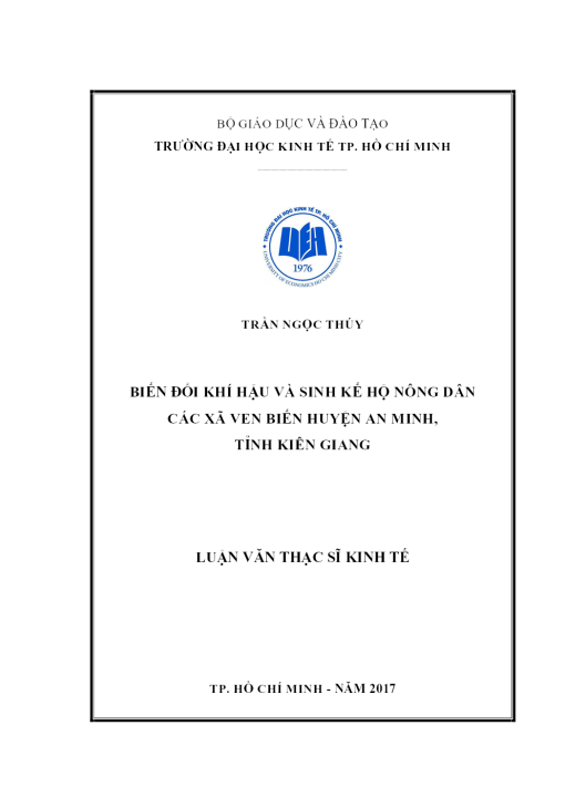 Biến Đổi Khí Hậu Và Sinh Kế Hộ Nông Dân Các Xã Ven Biển Huyện An Minh, Tỉnh Kiên Giang