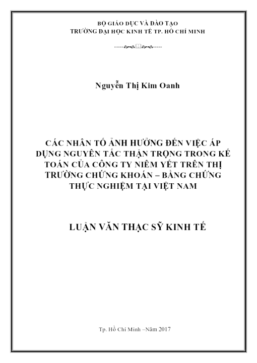 Các Nhân Tố Ảnh Hưởng Đến Việc Áp Dụng Nguyên Tắc Thận Trọng Trong Kế Toán Của Công Ty Niêm Yết Trên Thị Trường Chứng Khoán – Bằng Chứng Thực Nghiệm Tại Việt Nam