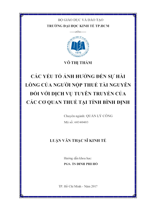 Các Yếu Tố Ảnh Hưởng Đến Sự Hài Lòng Của Người Nộp Thuế Tài Nguyên Đối Với Dịch Vụ Tuyên Truyền Của Các Cơ Quan Thuế Tại Tỉnh Bình Định