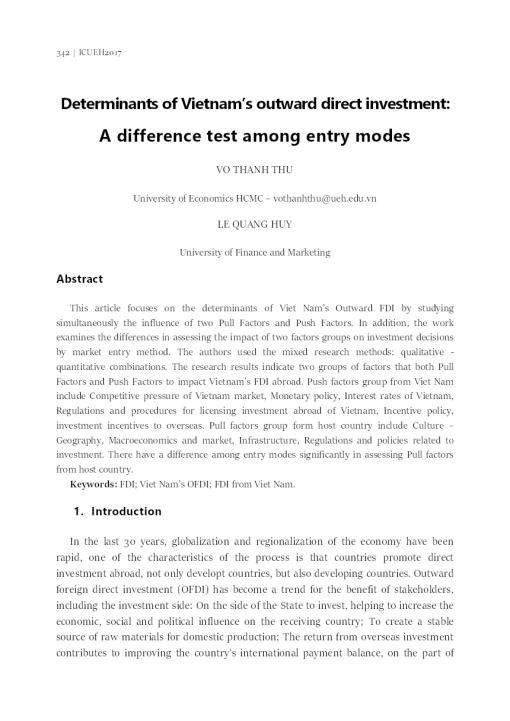 Các Yếu Tố Quyết Định Đầu Tư Trực Tiếp Ra Nước Ngoài Của Việt Nam: Một Kiểm Định Sự Khác Biệt Giữa Các Phương Thức Thâm Nhập
