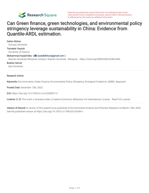 Can Green Finance, Green Technologies, And Environmental Policy Stringency Leverage Sustainability In China: Evidence From Quantile-ARDL Estimation