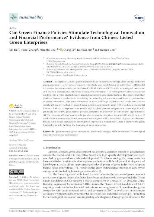 Can Green Finance Policies Stimulate Technological Innovation And Financial Performance? Evidence From Chinese Listed Green Enterprises