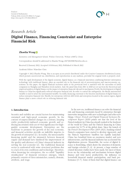 Digital Finance, Financing Constraint And Enterprise Financial Risk