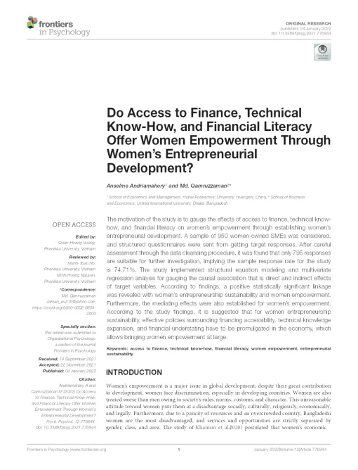 Do Access To Finance, Technical Know-How, And Financial Literacy Offer Women Empowerment Through Women’s Entrepreneurial Development?