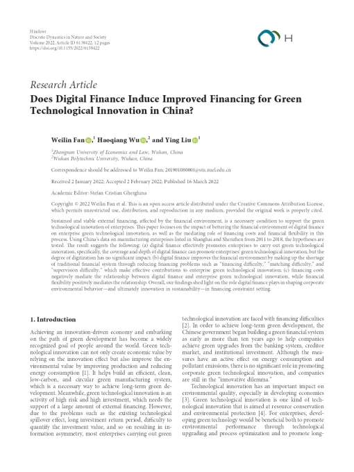 Does Digital Finance Induce Improved Financing For Green Technological Innovation In China?