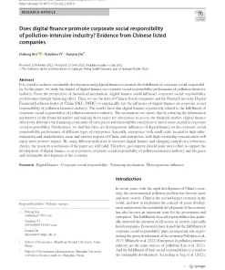 Does Digital Finance Promote Corporate Social Responsibility Of Pollution-Intensive Industry? Evidence From Chinese Listed Companies