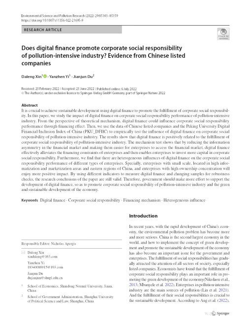 Does Digital Finance Promote Corporate Social Responsibility Of Pollution-Intensive Industry? Evidence From Chinese Listed Companies