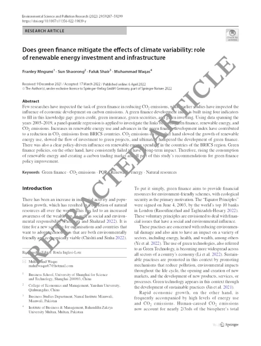 Does Green Finance Mitigate The Effects Of Climate Variability: Role Of Renewable Energy Investment And Infrastructure