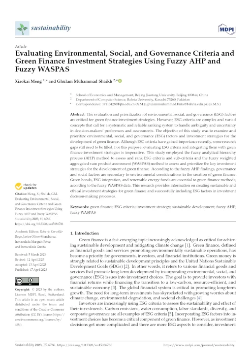 Evaluating Environmental, Social, And Governance Criteria And Green Finance Investment Strategies Using Fuzzy AHP And Fuzzy WASPAS