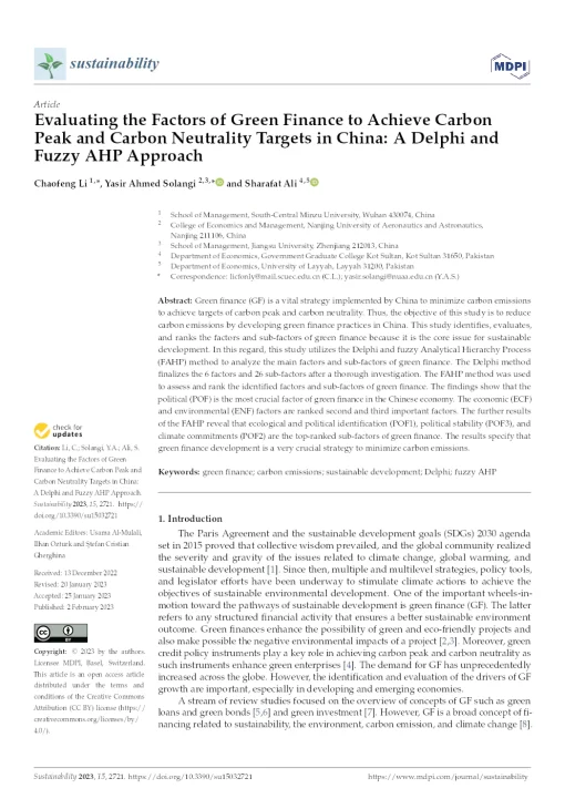 Evaluating The Factors Of Green Finance To Achieve Carbon Peak And Carbon Neutrality Targets In China: A Delphi And Fuzzy AHP Approach