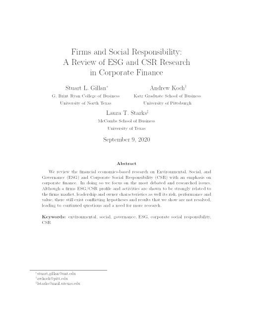 Firms And Social Responsibility: A Review Of Esg And Csr Research In Corporate Finance