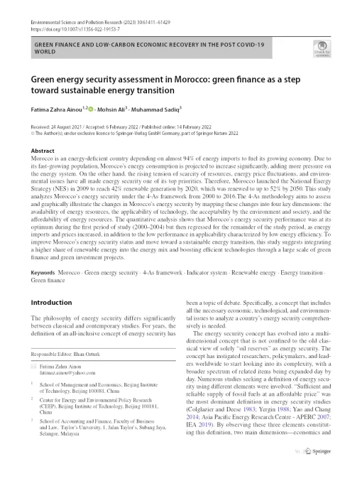 Green Energy Security Assessment In Morocco: Green Finance As A Step Toward Sustainable Energy Transition