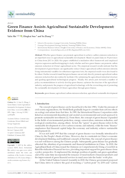 Green Finance Assists Agricultural Sustainable Development: Evidence From China