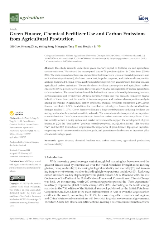 Green Finance, Chemical Fertilizer Use And Carbon Emissions From Agricultural Production