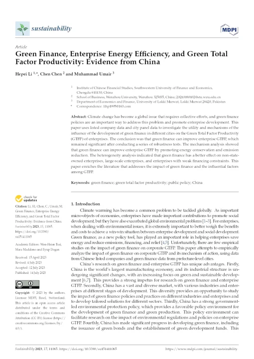 Green Finance, Enterprise Energy Efficiency, And Green Total Factor Productivity: Evidence From China