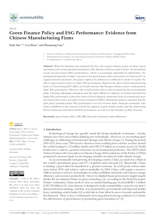 Green Finance Policy And ESG Performance: Evidence From Chinese Manufacturing Firms