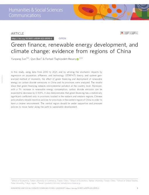 Green Finance, Renewable Energy Development, And Climate Change: Evidence From Regions Of China