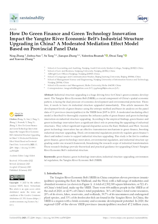 How Do Green Finance And Green Technology Innovation Impact The Yangtze River Economic Belt’s Industrial Structure Upgrading In China? A Moderated Mediation Effect Model Based On Provincial Panel Data