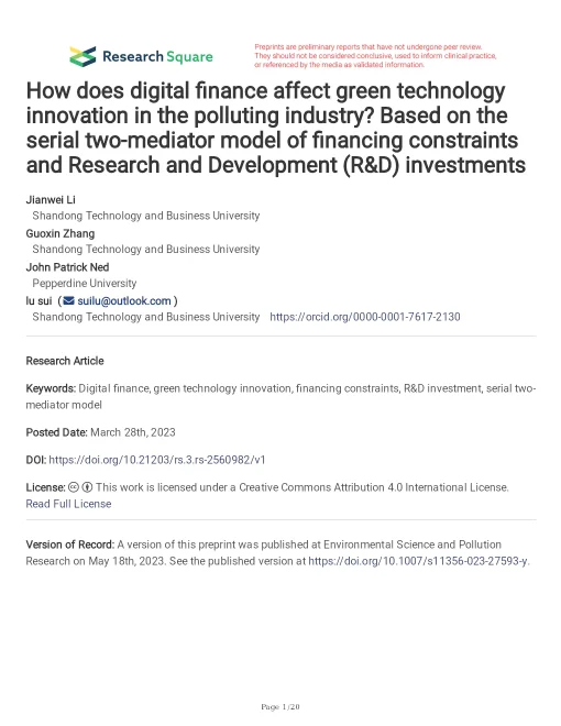 How Does Digital Finance Affect Green Technology Innovation In The Polluting Industry? Based On The Serial Two-Mediator Model Of Financing Constraints And Research And Development (R&D) Investments