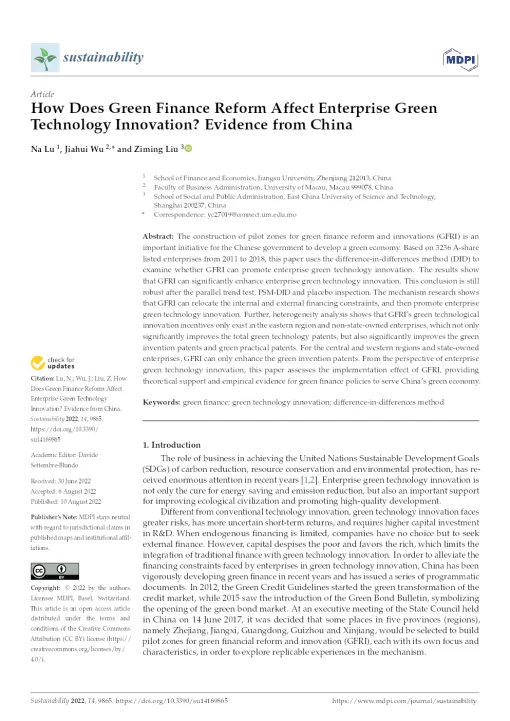 How Does Green Finance Reform Affect Enterprise Green Technology Innovation? Evidence From China