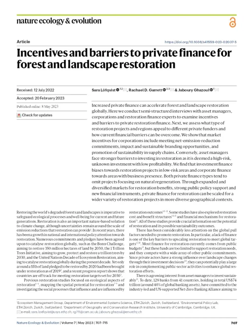 Incentives And Barriers To Private Finance For Forest And Landscape Restoration