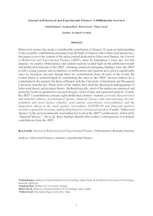 Journal Of Behavioral And Experimental Finance: A Bibliometric Overview