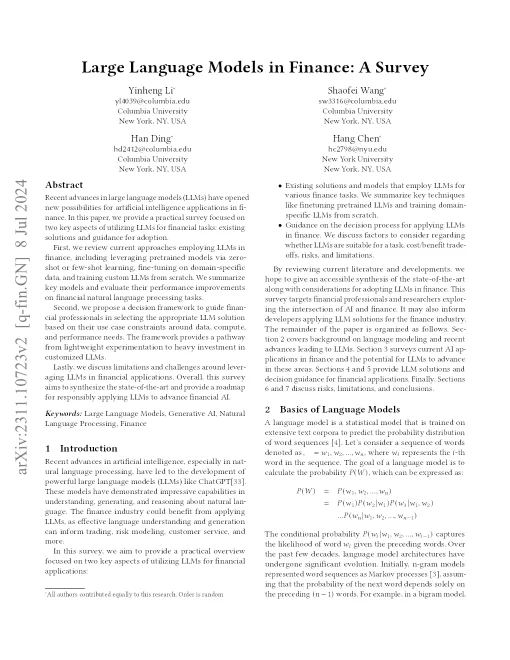 Large Language Models In Finance: A Survey