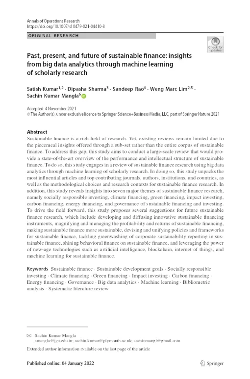 Past, Present, And Future Of Sustainable Finance: Insights From Big Data Analytics Through Machine Learning Of Scholarly Research