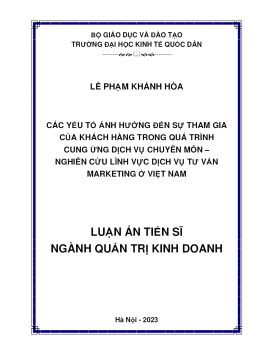 Các Yếu Tố Ảnh Hưởng Đến Sự Tham Gia Của Khách Hàng Trong Quá Trình Cung Ứng Dịch Vụ Chuyên Môn – Nghiên Cứu Lĩnh Vực Dịch Vụ Tư Vấn Marketing Ở Việt Nam