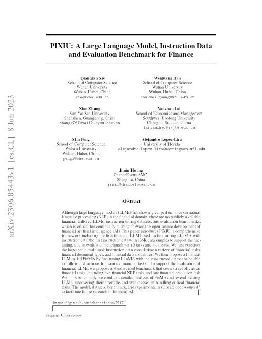 PIXIU: A Large Language Model, Instruction Data And Evaluation Benchmark For Finance