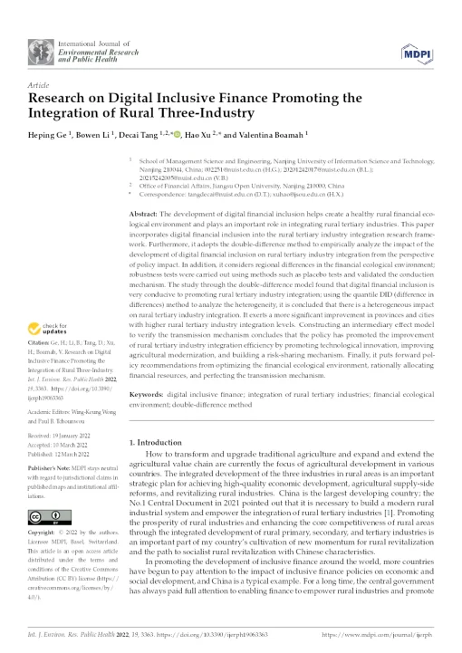 Research On Digital Inclusive Finance Promoting The Integration Of Rural Three-Industry